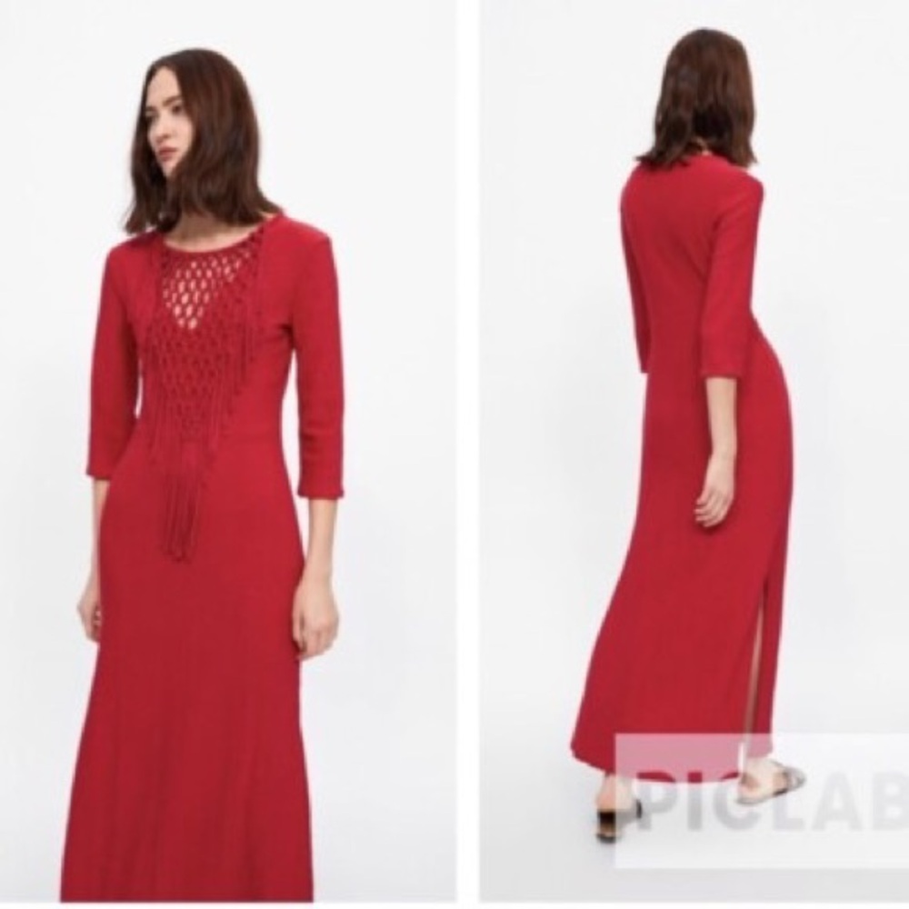 ZARA Women's Red Crochet Knotted Bib Maxi Dress 3/4 Sleeve dress Large  NWT